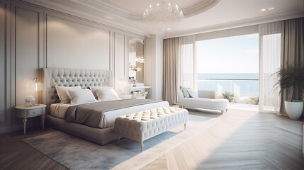 Fototapeta na wymiar Luxurious master bedroom with king-size bed and ocean view through window. AI generated.