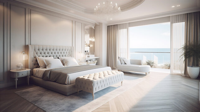 Luxurious master bedroom with king-size bed and ocean view through window. AI generated.