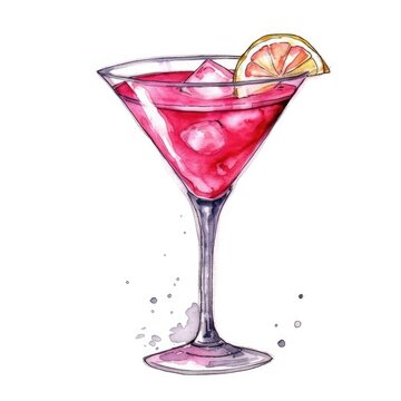 Cosmopolitan Cocktail isolated on white drawn with watercolor (generative AI)