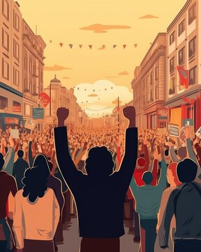 On city streets, protesting crowds shout anti-government slogans. (Generative AI)