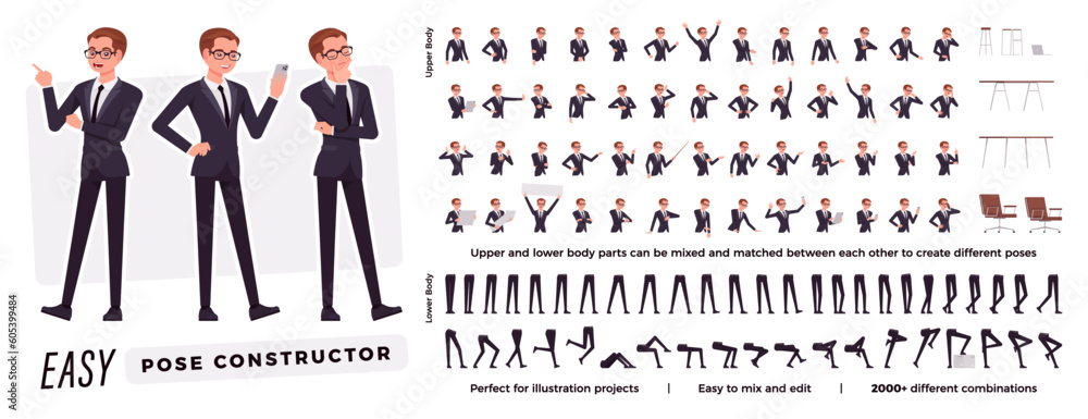 Wall mural Businessman character easy pose constructor. Office man drag, drop set, male assistant body match, secretary figure building. Vector flat style cartoon construction kit isolated, white background