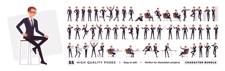 Businessman character set, professional business bundle. Office man, nice male manager workwear, poses, emotions, office situations. Vector flat style cartoon character isolated, white background