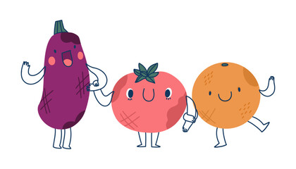 Set of joyful culinary overripe characters, tomato, orange, eggplant isolated on white background