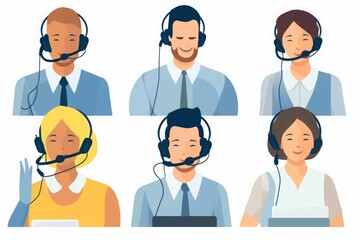 Help desk, call center. Customer service, hotline operators with headsets. Online technical support 24 h. illustration, Generative AI - obrazy, fototapety, plakaty