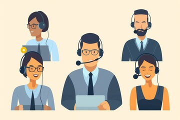 Fototapeta premium Help desk, call center. Customer service, hotline operators with headsets. Online technical support 24 h. illustration, Generative AI