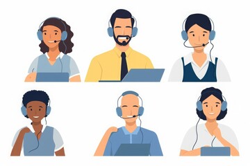Fototapeta premium Help desk, call center. Customer service, hotline operators with headsets. Online technical support 24 h. illustration, Generative AI