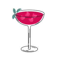 Glass of cocktail with raspberry. Summer cocktail isolated on white background. Pink alcoholic drink with ice cubes and berries and mint. Cocktail for menu, bar. Vector illustration