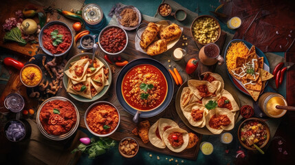 Complete mexican food composition on a wooden table