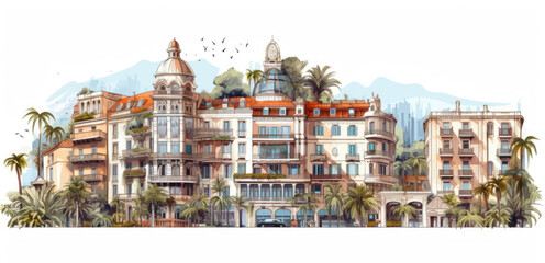 Color illustration of city of Nice architecture isolated on a white background