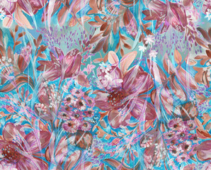 Wild pink flowers on a blue background. Artwork seamless pattern.  - 605400278