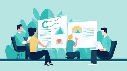 Discussing Idea. The team is talking about a new project. illustration, Generative AI