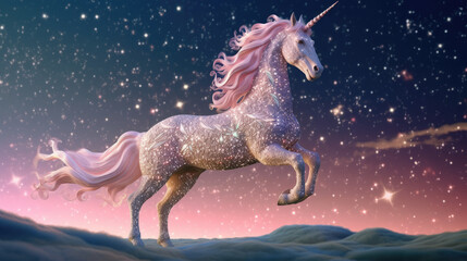 Fototapeta na wymiar Magical unicorn with a horn made of stars against a stray night background. Sparkly horse for a birthday theme postcard. Generative AI