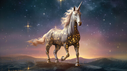 Magical unicorn with a horn made of stars against a stray night background. Sparkly horse for a birthday theme postcard. Generative AI