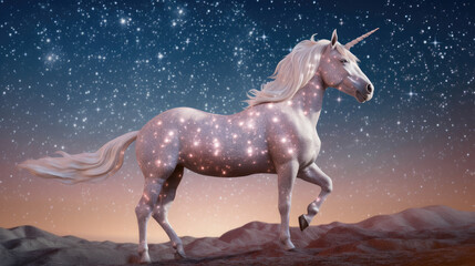 Magical unicorn with a horn made of stars against a stray night background. Sparkly horse for a birthday theme postcard. Generative AI