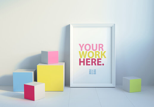 Vertical Poster Frame Mockup in the children's room with cubes
