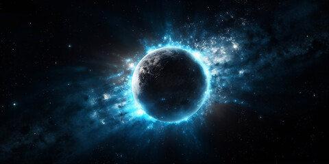 Fototapeta na wymiar Blue force field covering planet in space, nebula background. AI generated.