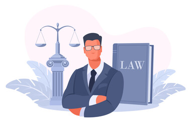 Male businessman in a suit, lawyer, advocate, notary, manager. Scales and book of law. The concept of a lawyer's services, legal protection in court.