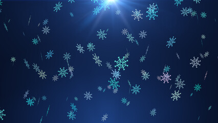 flying snow flakes and stars on dark blue night background.