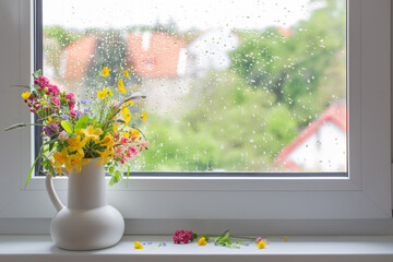 summer flowers in white jug on windowsill