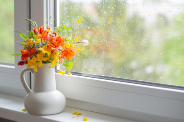 summer flowers in white jug on windowsill - obrazy, fototapety, plakaty
