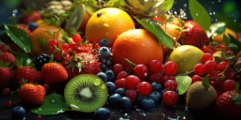 AI Generated. AI Generative. Photo illustration of mix eco organic healthy fruits and berry. Graphic Art