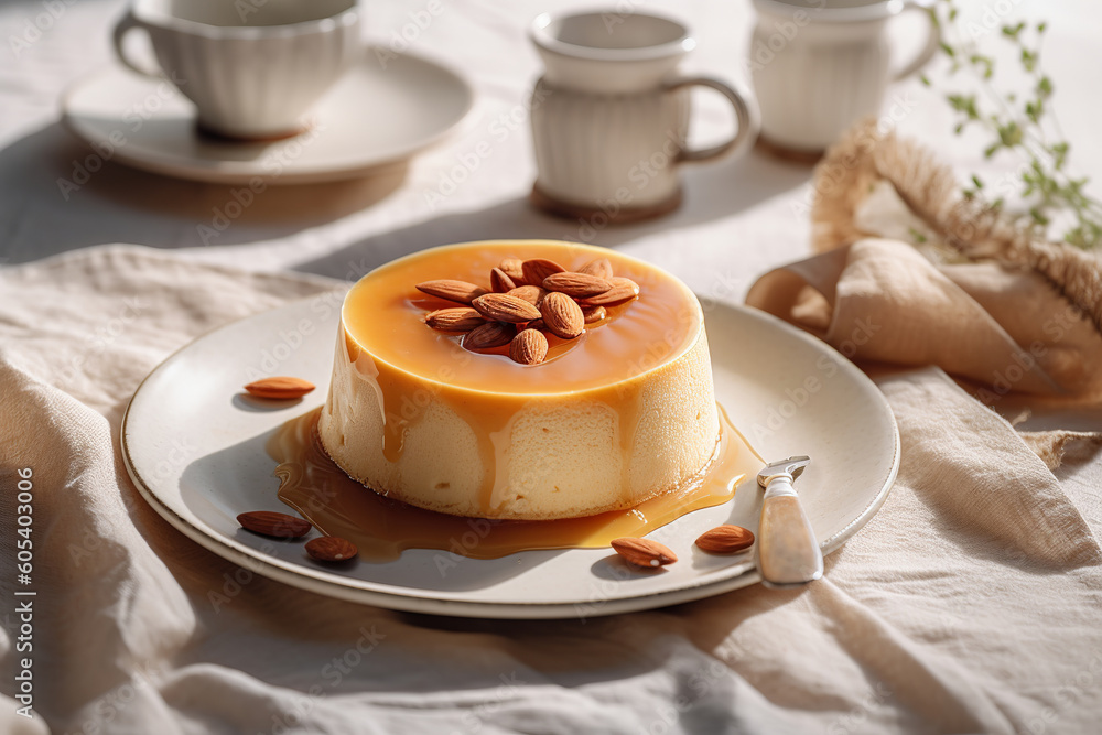 Wall mural Almond flan with light caramel on top and sliced almonds, on top of a white carrara marble countertop, antique silverware, linen napkin. Morning ligh. created with ai