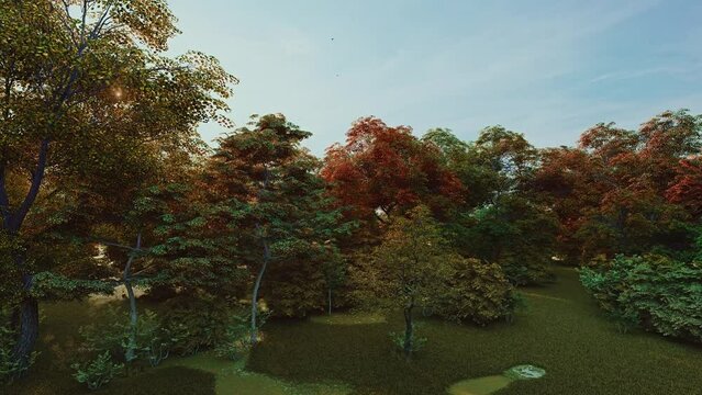 A Time Lapse of all year round seasons changing in a forest. Professional Cinematic 4K 3d Animation. Seamless looping.