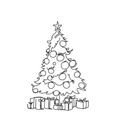 continuous line one line Christmas tree star decorated with presents beside Christmas hand drawn illustration vector