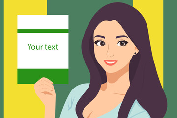 Vector illustration in flat style, cute young cartoon woman holding a flyer with text in her hand. Social media banner, healthy nutrition concept.