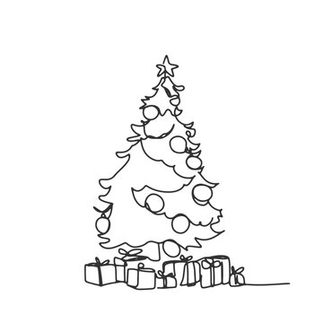 recommend clip art: continuous line one line christmas tree star decorated with presents beside christmas hand drawn illustration vector