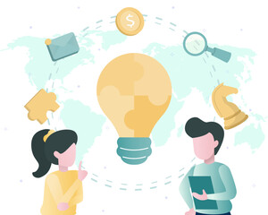 Business idea. Business people brainstorm and analyze strategy plan for innovation and competition in online business as ideas. World map on the back screen and business icons around the light bulb.