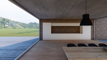 Interior casa rustica minimalista en la montaña 