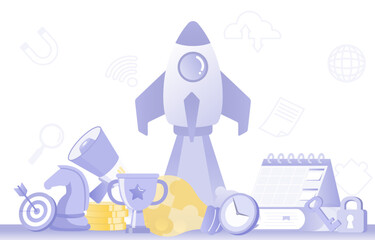 Business startup concept. Elements symbolize strategy management, tactical planning, goals and target. Successful business launch and growth. Flat vector design illustration.