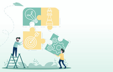 Concept of business planning. Holding big jigsaw puzzle and assembling it together. Solve problems, create new ideas, improve and develop business to success. Vector illustration with copy space.
