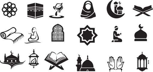 Islamic Icon, Islamic Line Art Icons Set. set of popular islamic icon with fil style