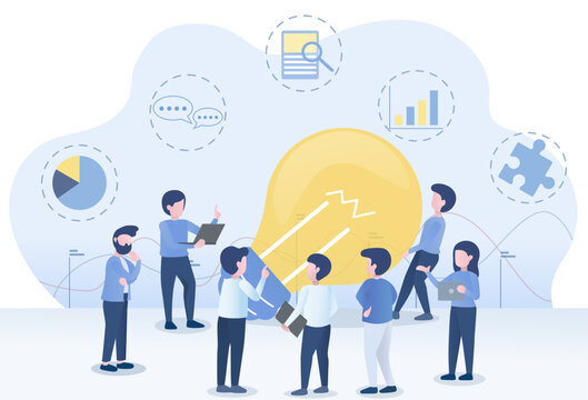 Business ideas. Group of business analysis data, marketing plan, creative ideas. Innovation business to achieve success. Meeting and discussing goals and target. Flat vector illustration.