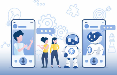 Concept of communication between humans and robots. Online meetings or chats, to guide planning, marketing, learning, provide assistance, support and connecting to achieve success. 