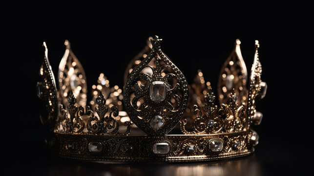 A crown on a black background is highlighted. Low key image of beautiful queen crown. Gold crown. Realistic 3D illustration. Generative AI