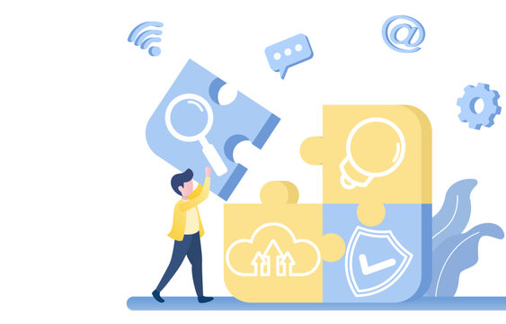 Concept of business planning. Business people holding big jigsaw puzzle and assembling it together. It symbolizes creative thinking and innovative ideas to solve problems and improve business.