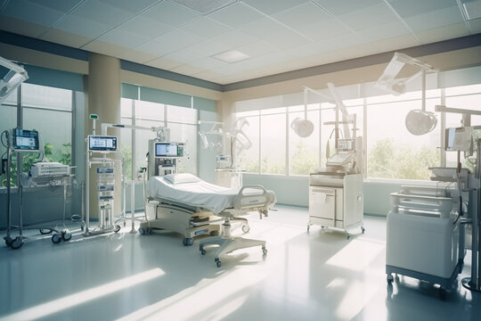 a room showing medical equipment in an bright hospital operating room with Generative AI