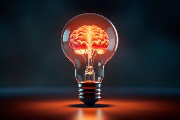 Human brain glowing inside of light bulb concept. Generative AI
