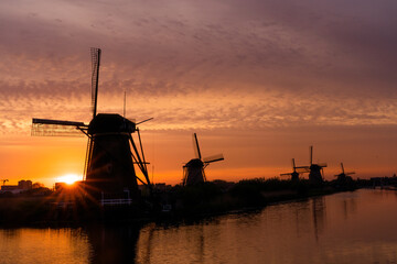 Kinderdijk in the netherlands at sunset