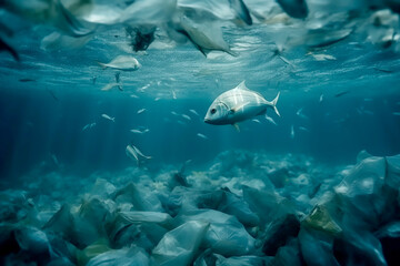 Fototapeta premium A discarded plastic carrier bag in a waters, blue water ocean with lots of human waste trash. Underwater littler garbage sea pollution. Environmental problem - plastic contamination. Generative AI.