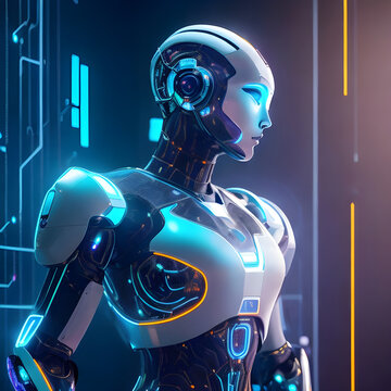 A futuristic artificial intelligence robot with a humanoid form that exudes a sense of sophistication and high technology.