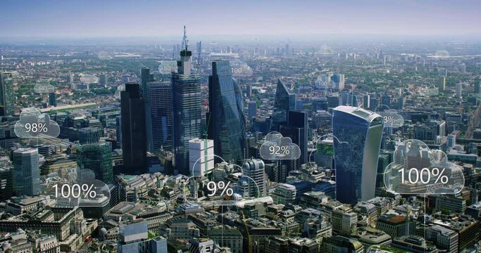 Futuristic City Connected Through 5G. High Tech Vision of London. Wireless Network, Mobile Technology Concept, Data Communication, Cloud Computing, Artificial Intelligence, Internet of Things. Red 8K.