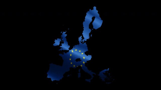 4K waving detailed textured flag of European Union animation on the map. Loop alpha channel seamless EU flag on territory. Outline geographic state border of European Flag Union stock video.