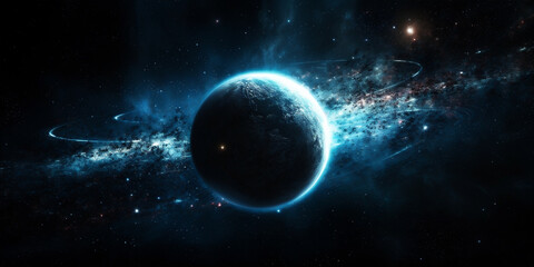 Obraz na płótnie Canvas Blue force field covering planet in space, nebula background. AI generated.