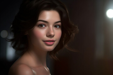 Fototapeta premium beautiful woman with dark brown hair in the style of smooth and polished with Generative AI