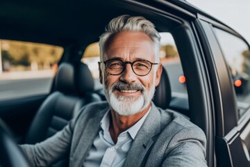 Smiling Grey-Haired Man Inside His Car, Generative AI