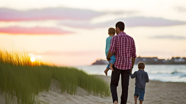 Father and  his children at sunset. Concept of happy father day. AI generated